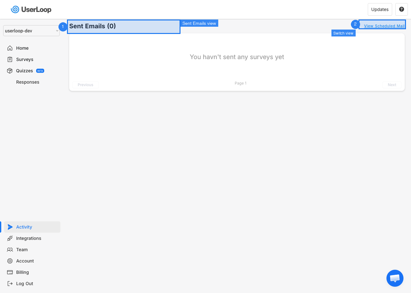 Activity page showing Sent Emails