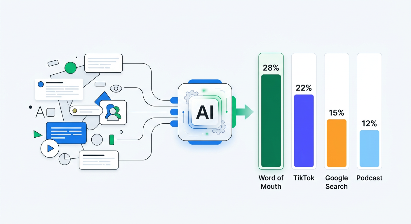 A visualization showing messy raw survey responses on the left being processed by AI into clean, organized channel buckets on the right, with percentages for each channel like Word of Mouth 28%, TikTok 22%, Google Search 15%, Podcast 12%