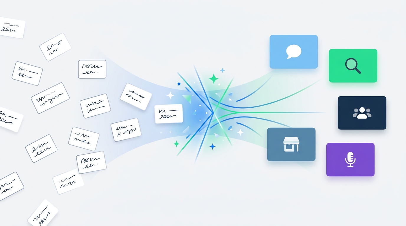 A flow of blank customer response cards moving through an AI sorting hub into neat colored channel buckets with generic icons, no readable labels