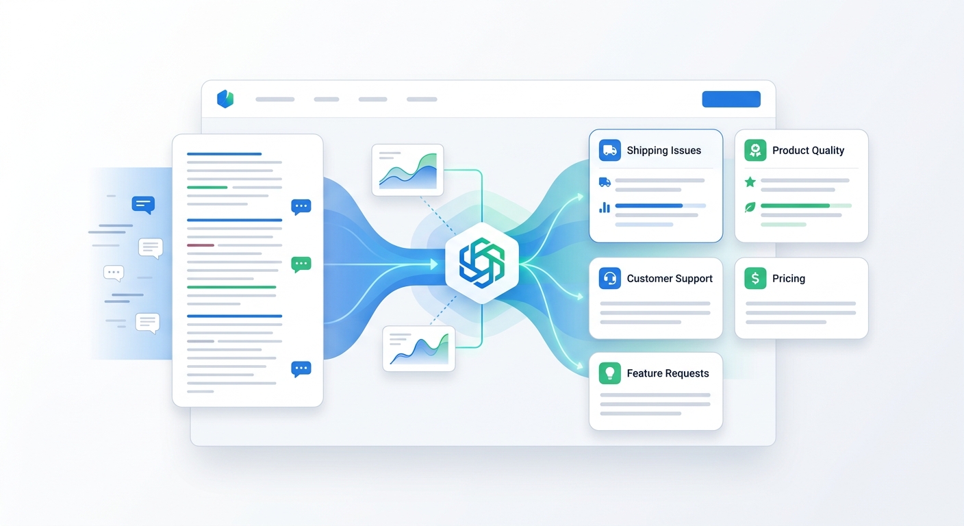 Clean modern UI showing AI automatically extracting and grouping themes from customer feedback text into organized cards or bubbles labeled with insights like shipping issues and product quality, no text prompts or logos