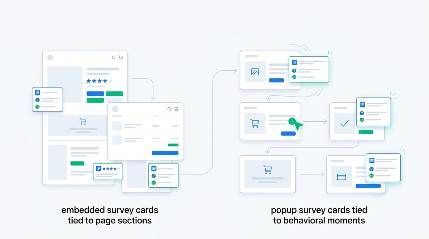 A simple ecommerce journey showing embedded survey cards tied to page sections and popup survey cards tied to behavioral moments, with clean blank UI panels and no readable text