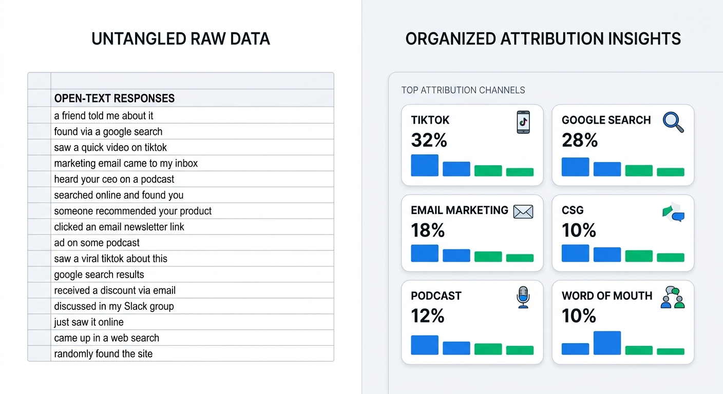 Clean before-and-after illustration: left side cluttered spreadsheet with raw open-text 'how did you hear about us' responses, right side clean organized cards or bubbles grouped into channels like TikTok, Google, Email, Podcast, Word of Mouth with percentages, modern UI style, editorial tech blog, no text prompts or logos