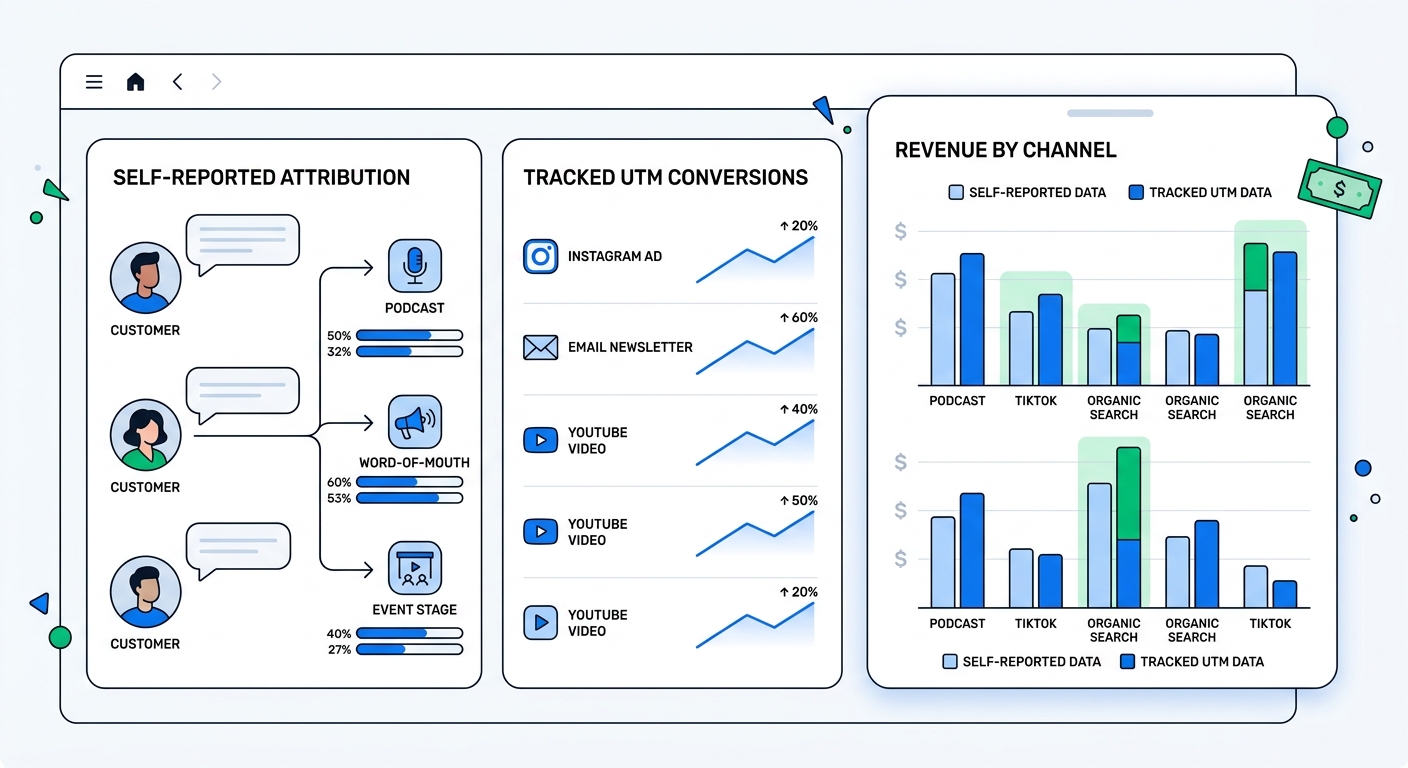 A clean dashboard concept showing self-reported channels on one side, tracked UTM conversions on the other, and revenue by channel in a combined comparison view