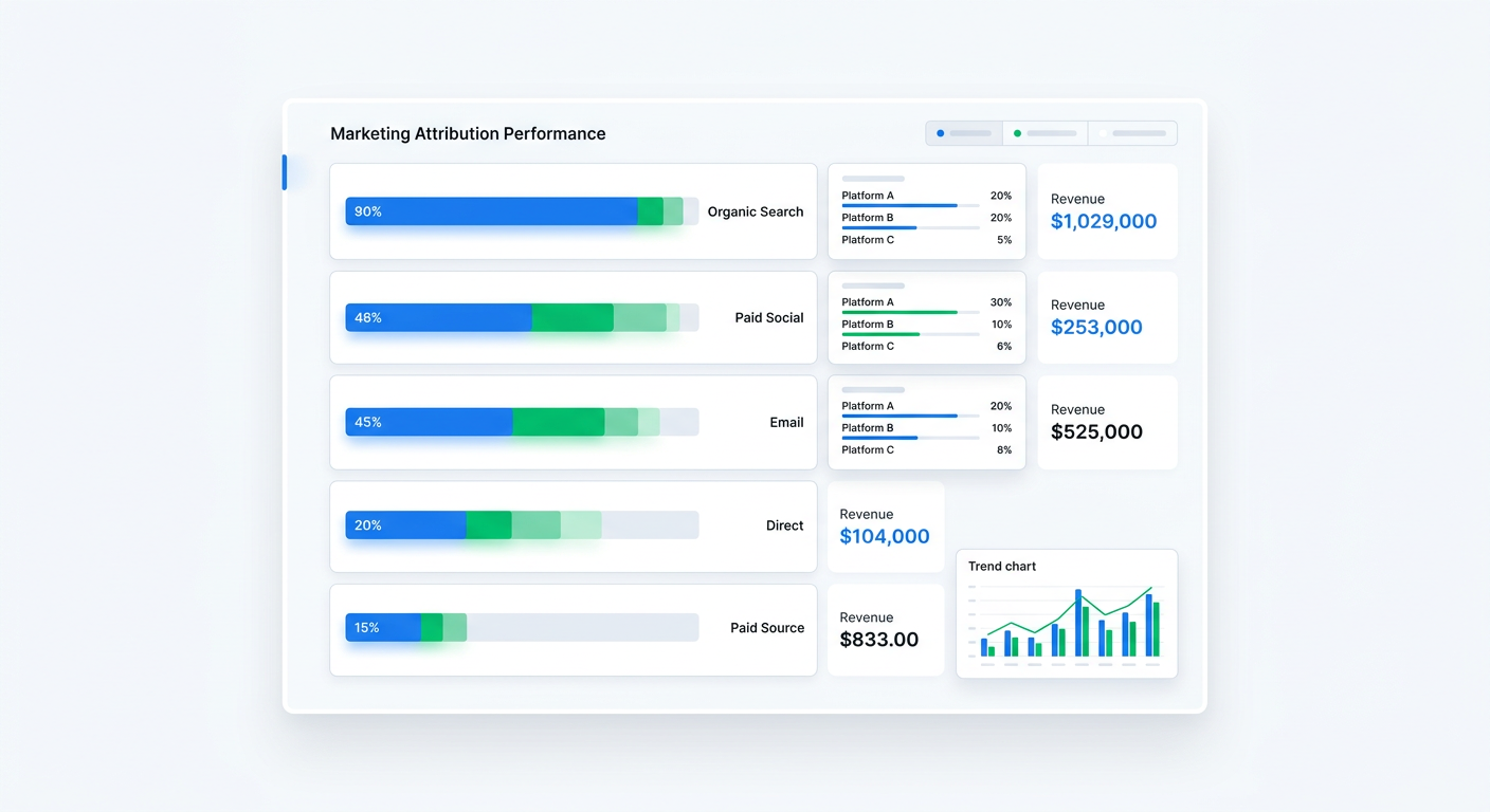 A dashboard view showing clean attribution channel percentages with a breakdown of specific sources within each channel, revenue data linked to each channel, and a trend chart