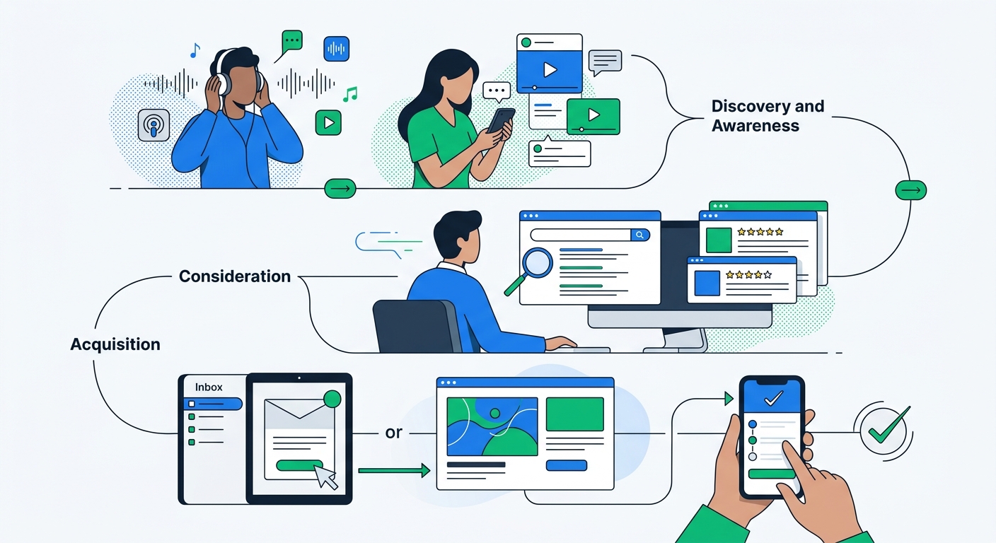 A layered customer journey illustration showing awareness from podcast and creator content, consideration through search and reviews, and purchase through a tracked ad or email click