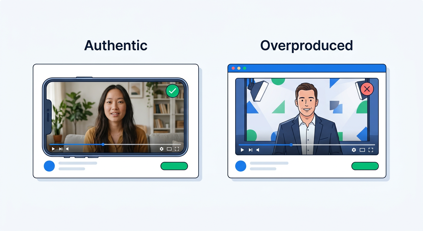 Side-by-side comparison of an authentic phone-shot video testimonial with a green checkmark versus an overproduced studio video that feels staged