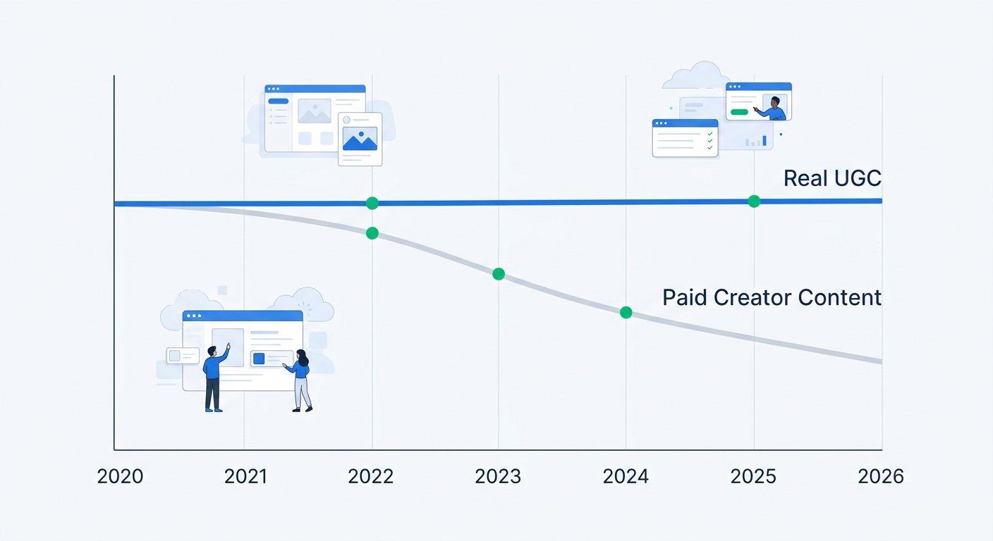 A diverging line chart showing paid creator effectiveness declining over time due to consumer skepticism while real UGC effectiveness stays consistent