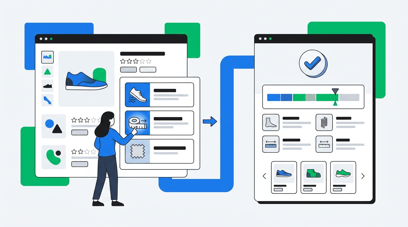 A product page survey showing a shopper selecting a concern, then receiving a relevant guidance card with product fit information represented by simple blank UI shapes and icons