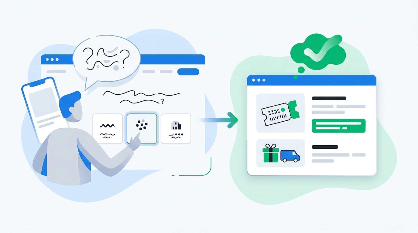 A one-question cart abandonment survey flow showing a shopper choosing a checkout blocker, then seeing a relevant response card in a clean ecommerce interface