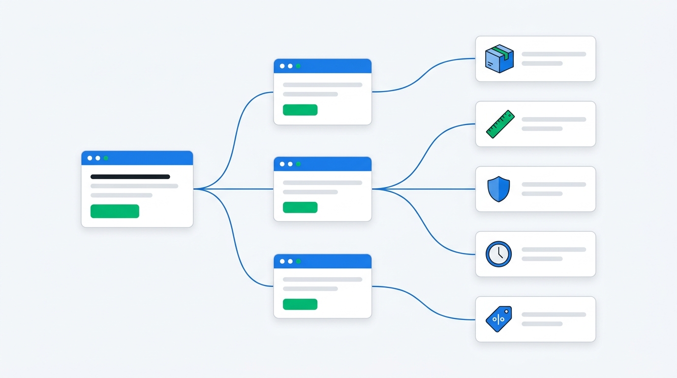 A Shopify cart recovery decision tree where survey answers route to different recovery actions like shipping clarity, size guidance, trust proof, reminders, or discounts, shown with abstract UI cards and no readable text