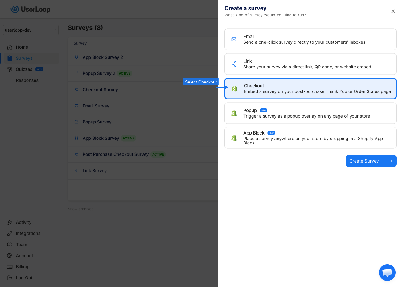 Creating a new checkout survey