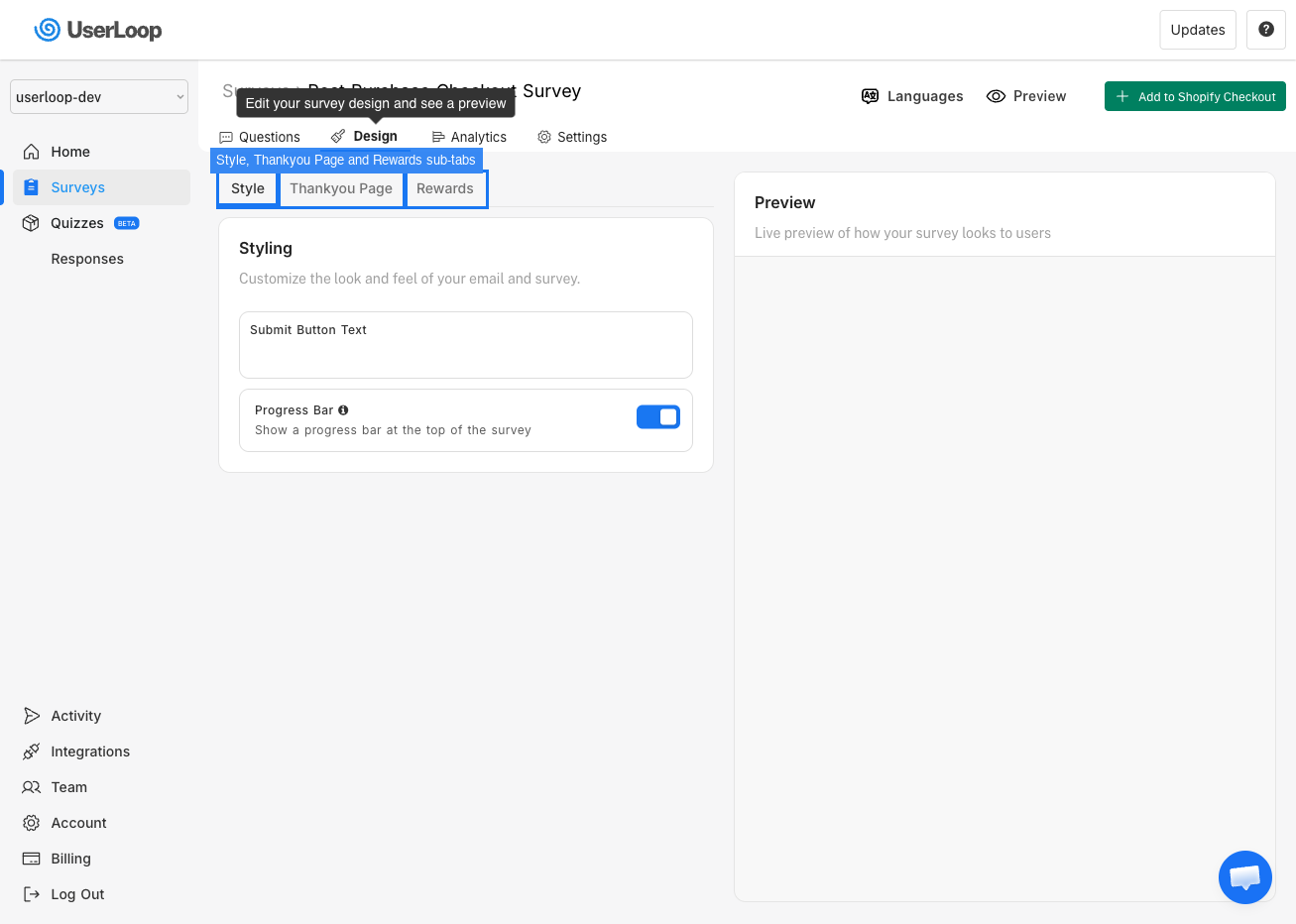 Checkout survey design tab