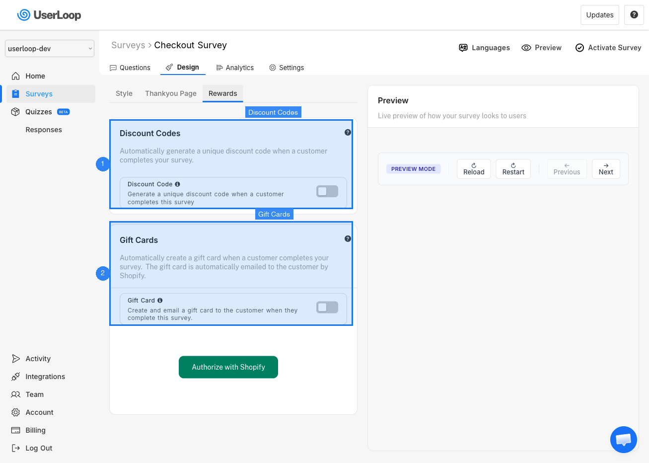 Rewards tab showing Discount Codes and Gift Cards