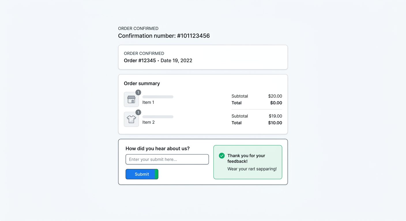 A Shopify order confirmation page with a clean, embedded one-question survey asking "How did you hear about us?" showing the text input field and a submit button, blending naturally with the order details