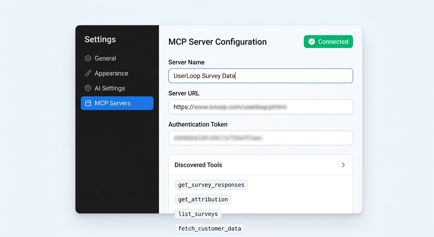 A step-by-step setup screen showing Claude Desktop's MCP server configuration panel with fields for server name, URL, and authentication