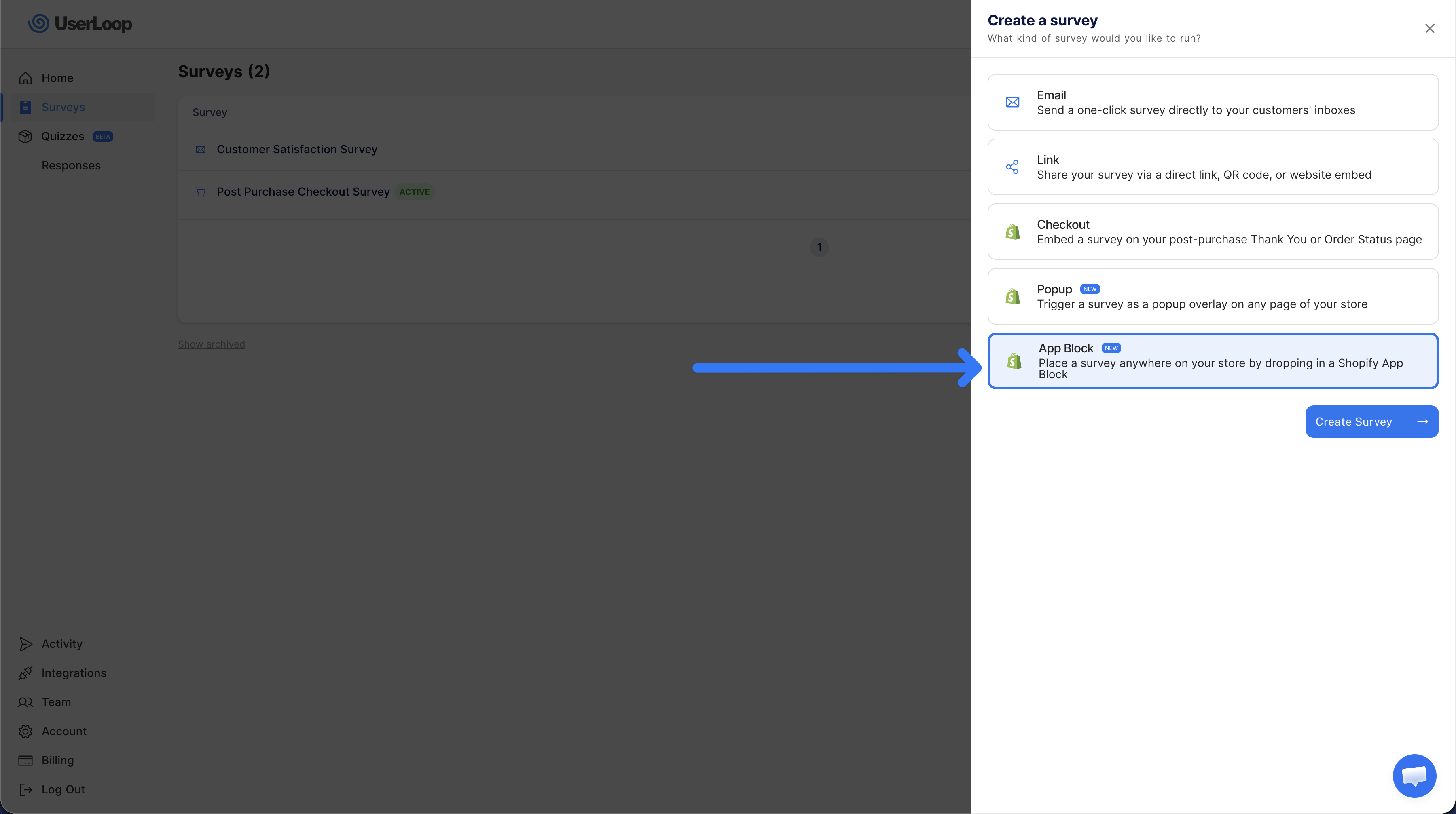 Create a new popup survey in the UserLoop dashboard