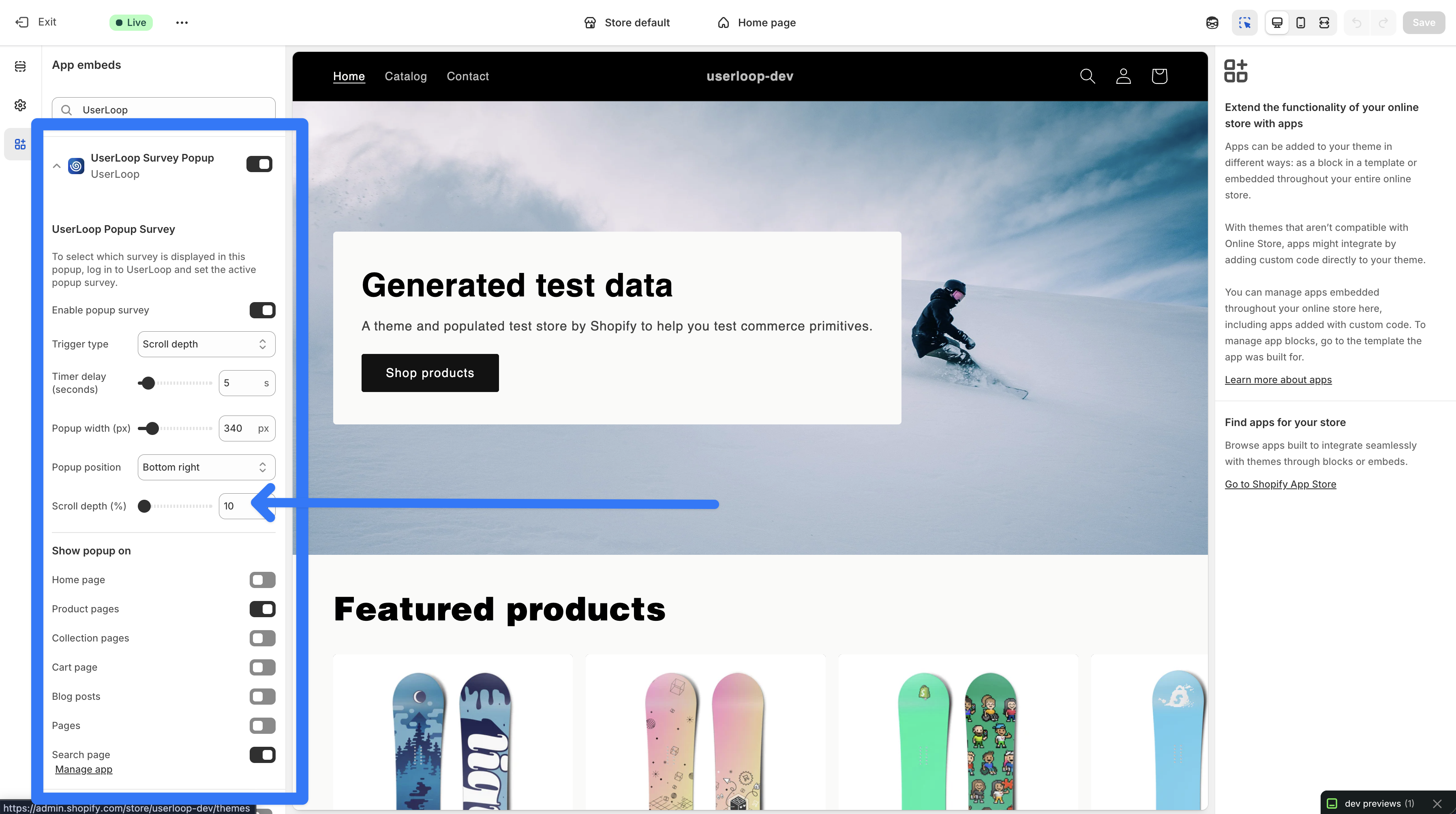 Popup survey settings in the Shopify theme editor