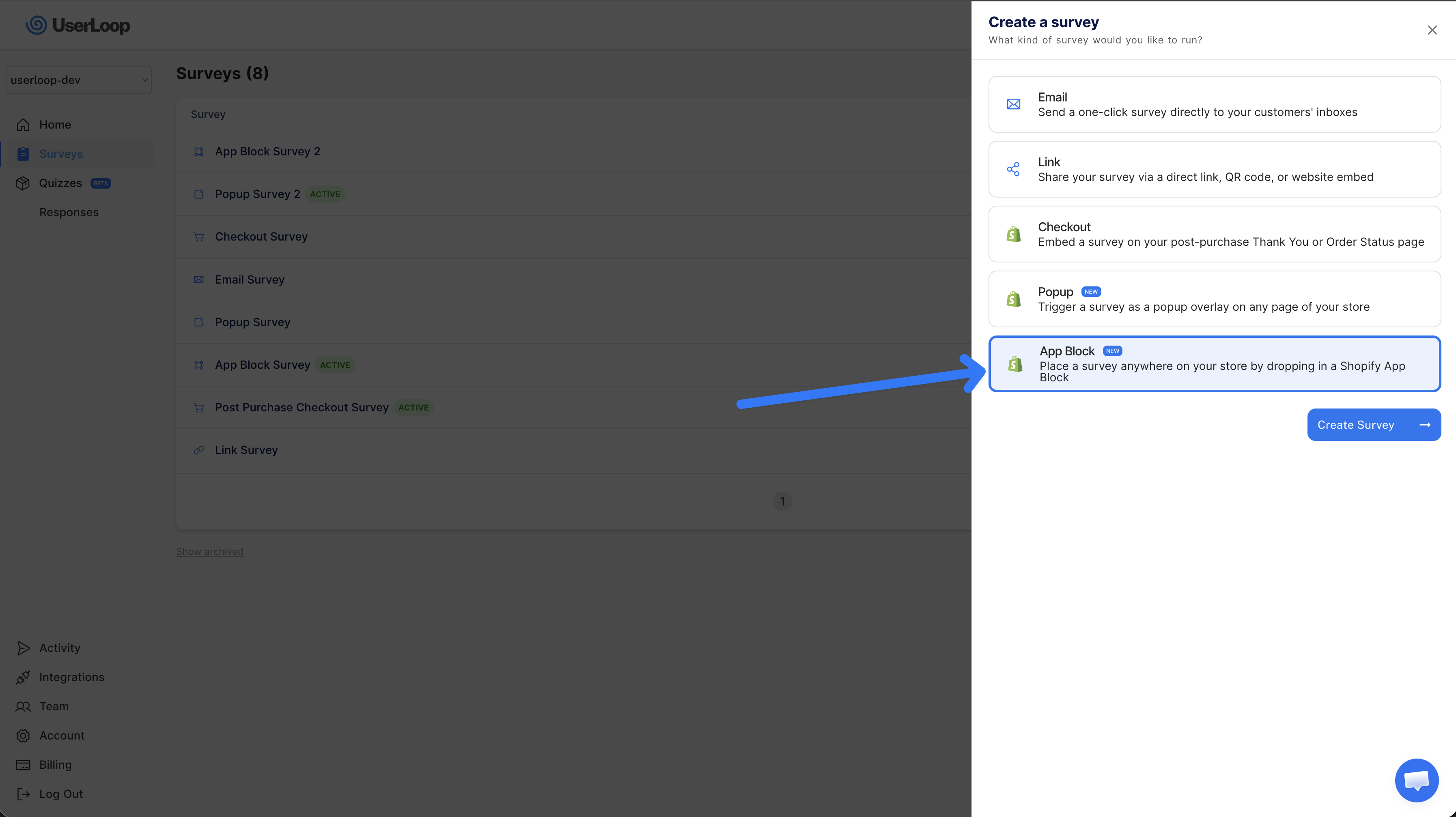 Create a new app block survey in the UserLoop dashboard