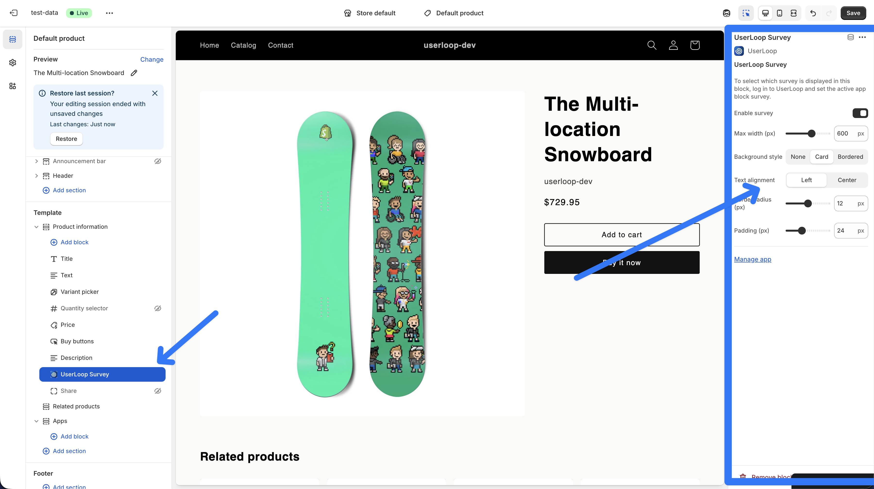 App block survey settings in the Shopify theme editor