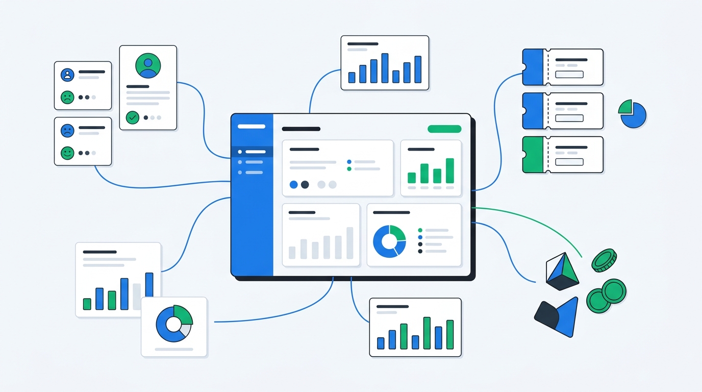 A clean analytics workspace connecting survey answers, unique discount code cards, and order value shapes with soft lines and blank chart panels