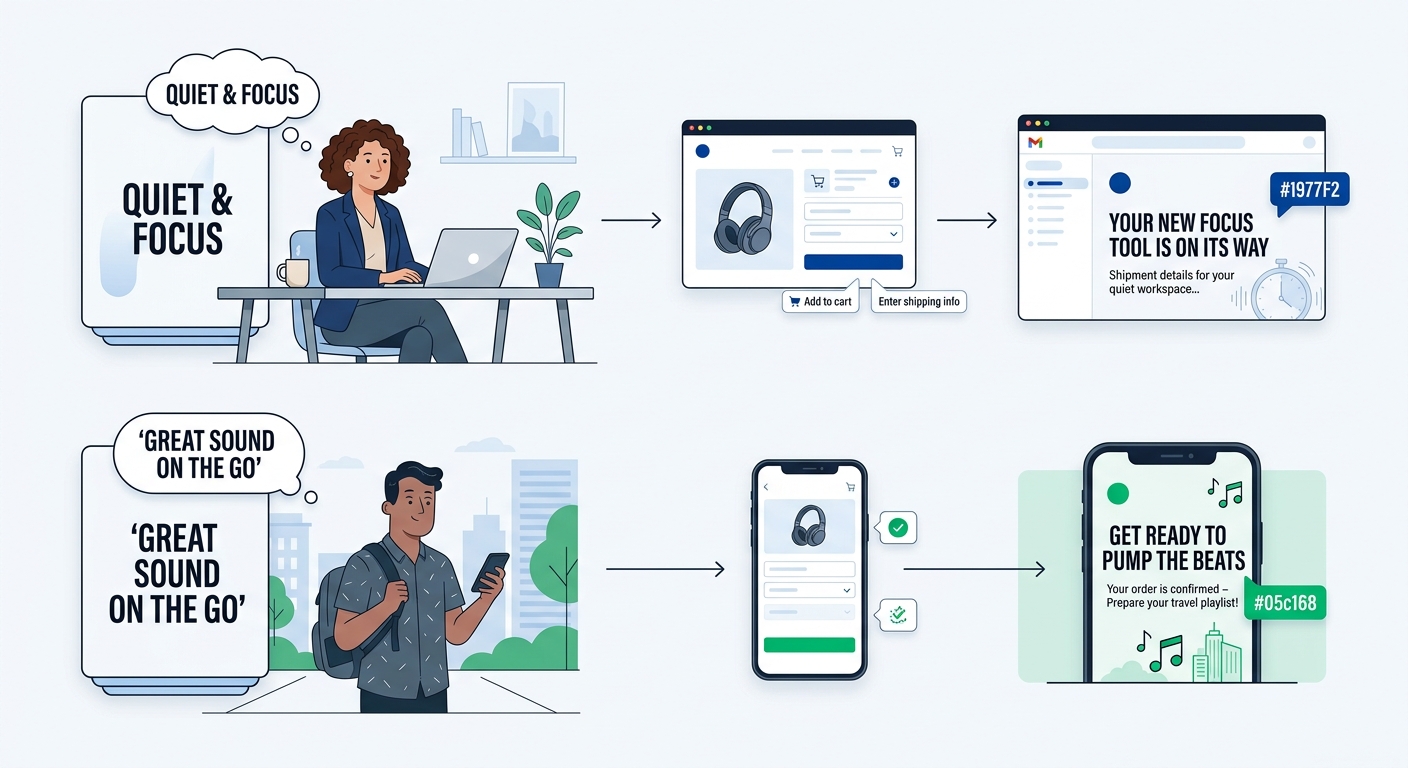 A comparison illustration showing two customers who bought the same product but have different motivations, leading to different email paths