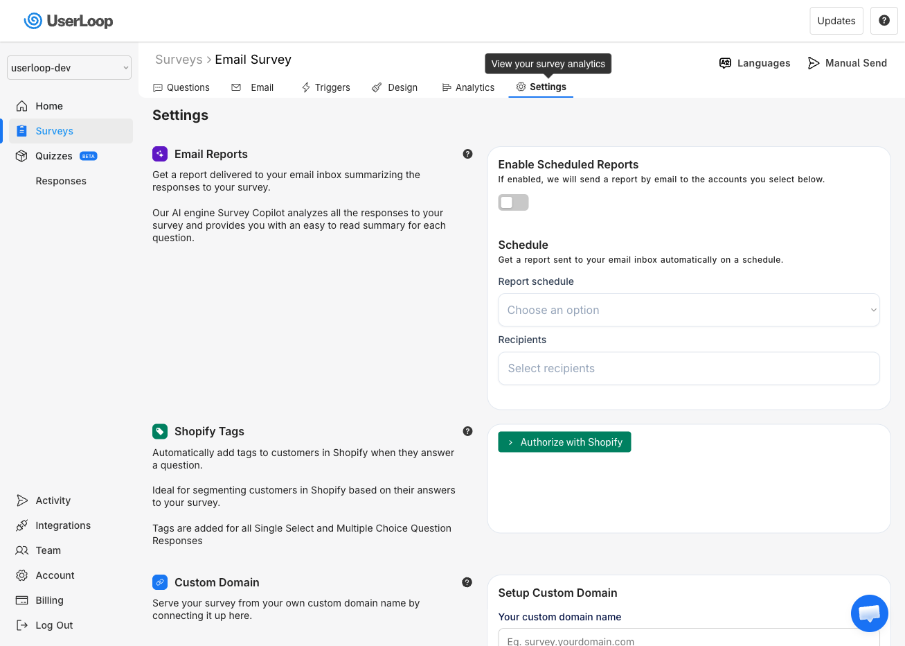 Email Reports settings
