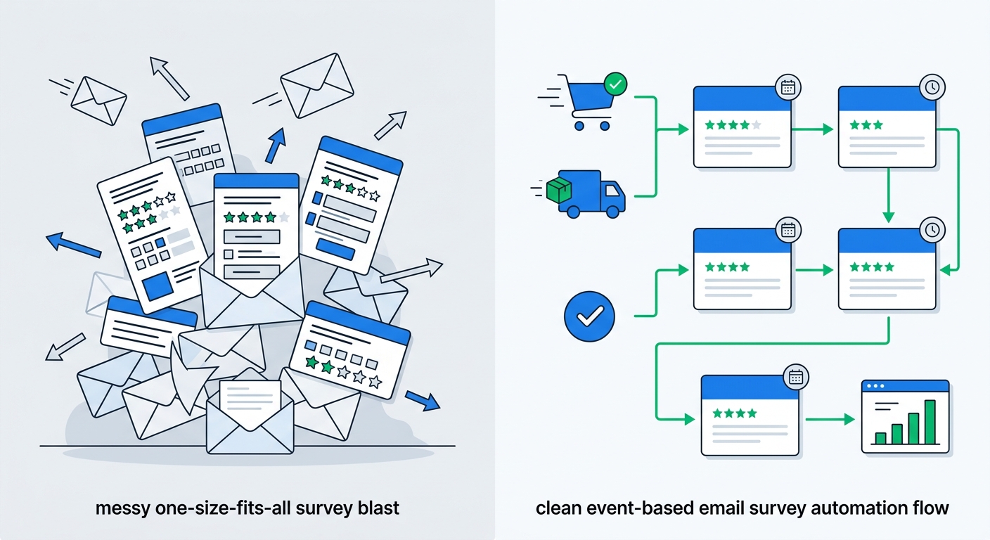 A split-screen illustration showing a messy one-size-fits-all survey blast on the left and a clean event-based survey automation flow on the right