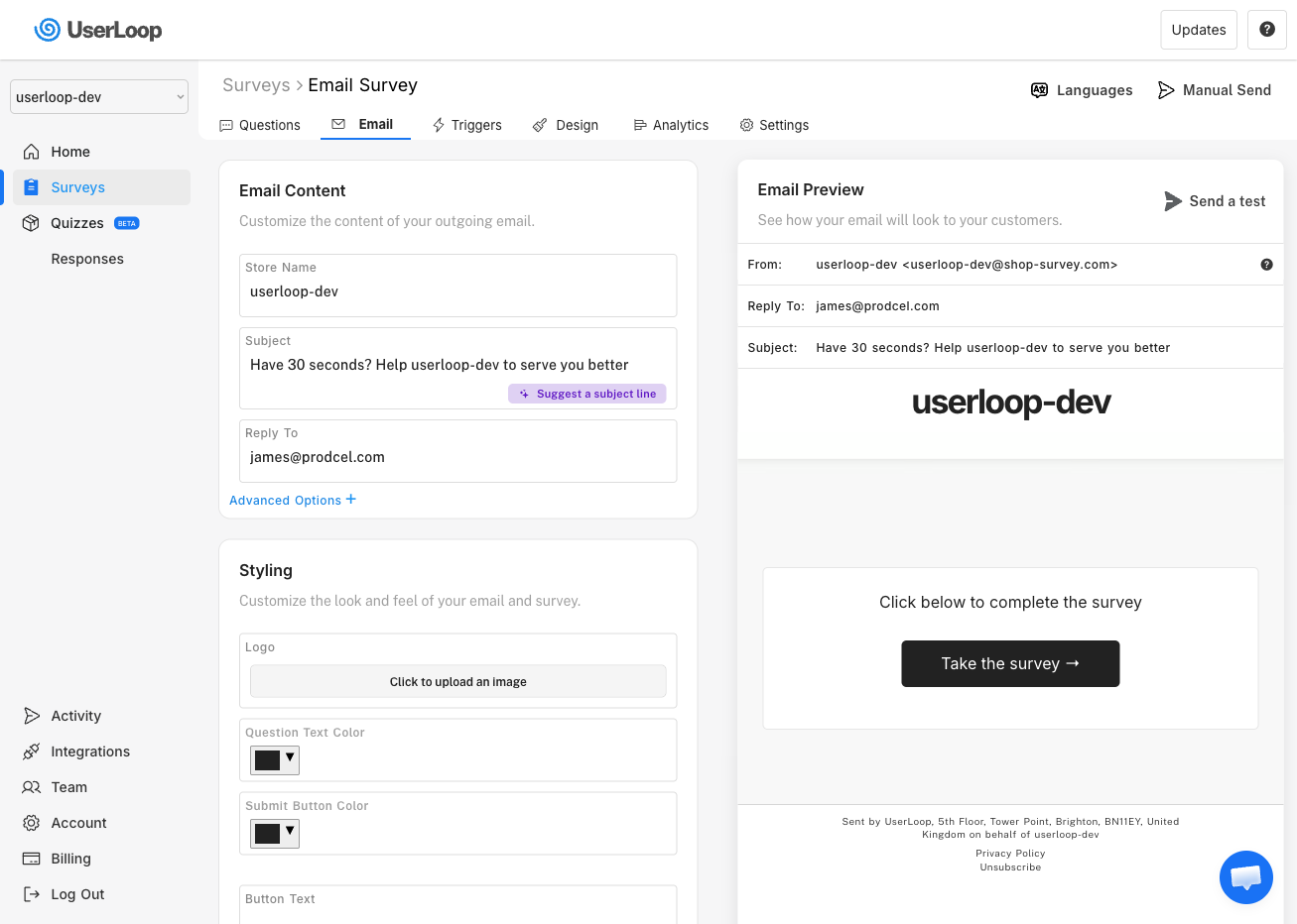 Email survey email tab