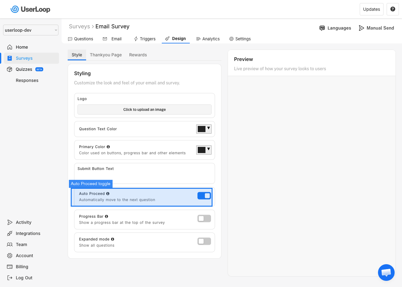 Auto Proceed toggle in Design > Style
