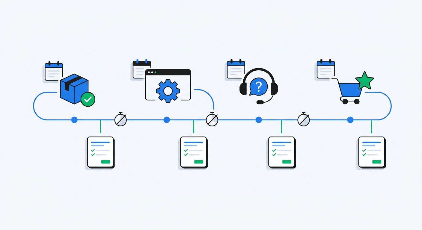An editorial timeline showing smart survey timing after delivery, usage window, support resolution, and repeat purchase with clear frequency caps