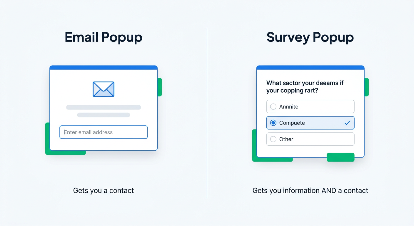 A side-by-side comparison showing an email capture popup next to a survey popup on an e-commerce store