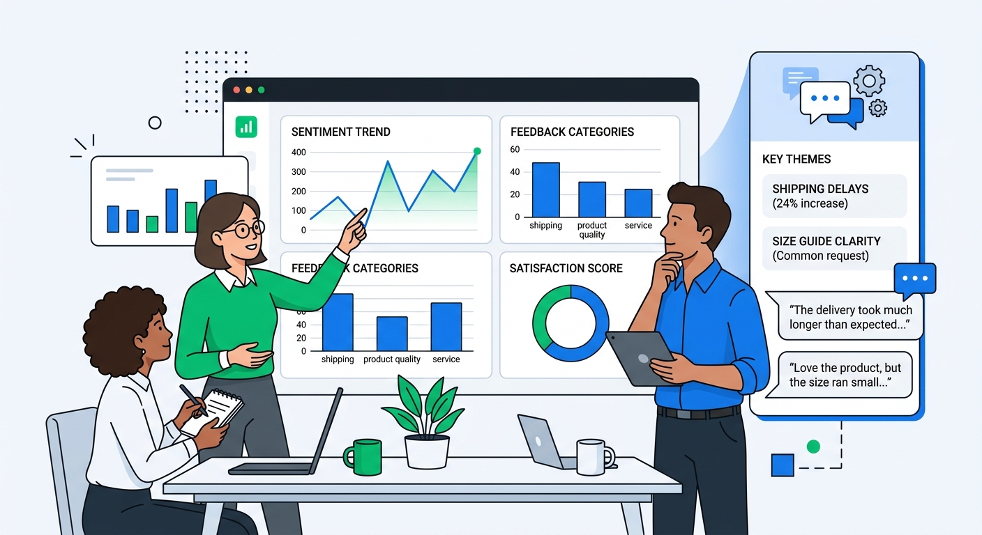 An editorial illustration of a merchant team reviewing a feedback dashboard while an AI chat assistant explains a trend with grouped themes and quotes