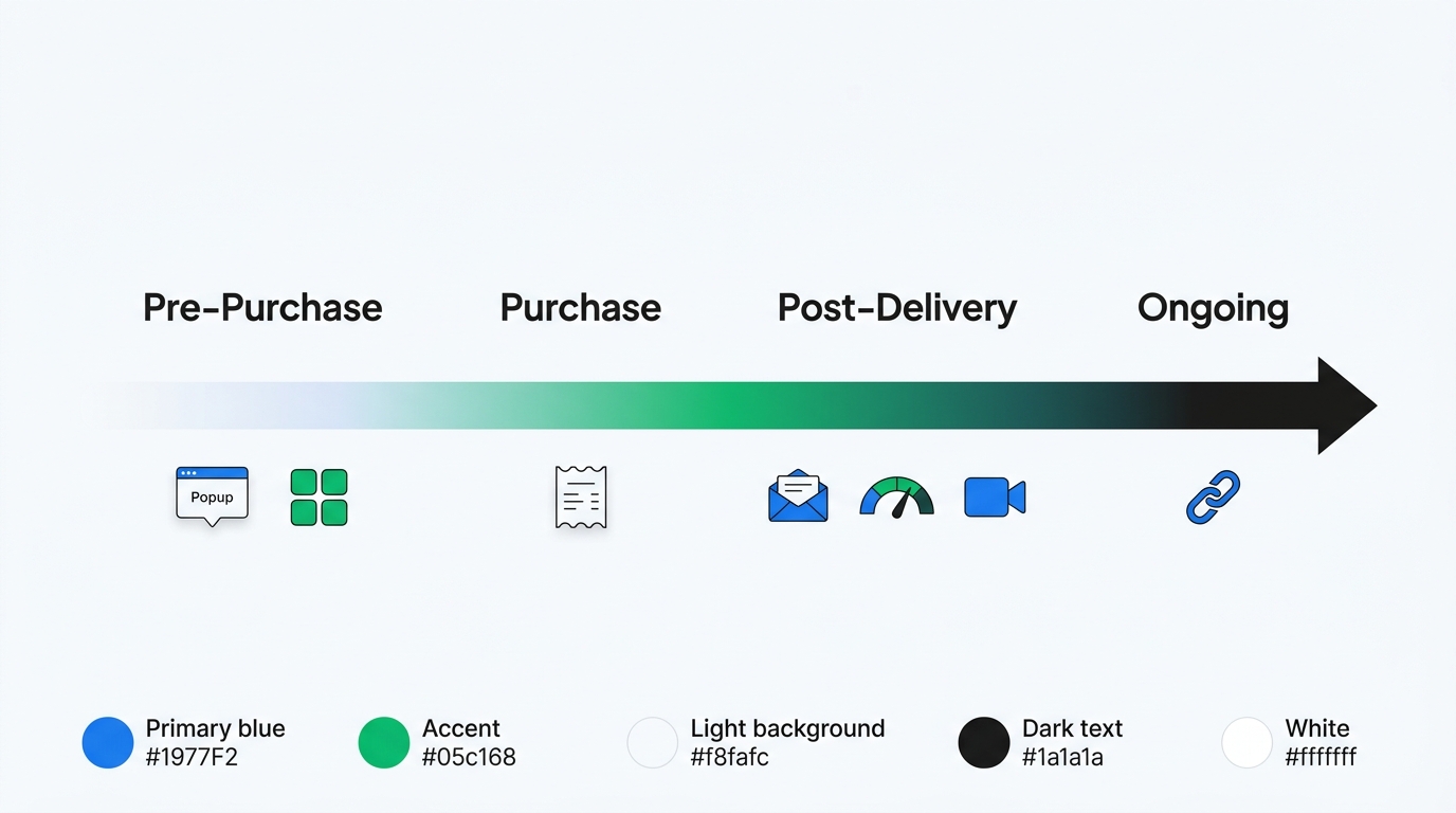 A horizontal customer journey timeline showing pre-purchase, purchase, post-delivery, and ongoing stages, with icons for each feedback method positioned at their ideal touchpoint along the timeline