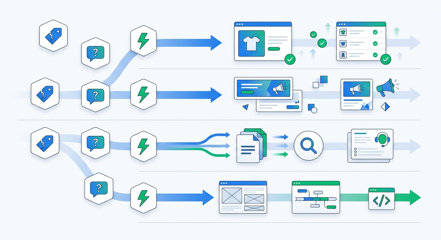 An operational workflow illustration showing customer feedback themes moving into merchandising, marketing, CX, and product teams to prevent future returns