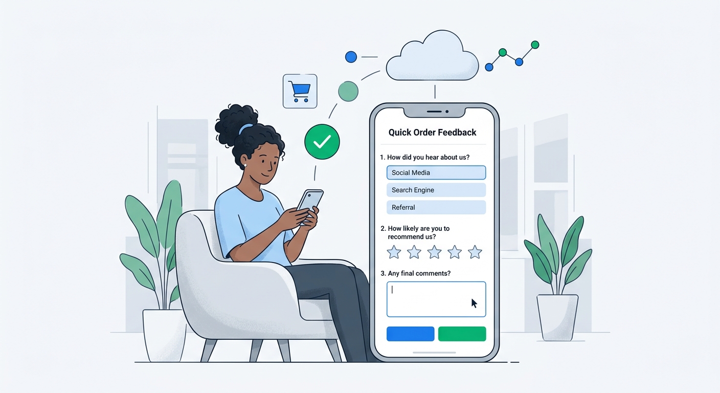 A customer on their phone completing a short post-purchase survey immediately after a Shopify purchase, showing a clean mobile form with 2-3 questions like attribution and satisfaction, thoughtful realistic style, editorial blog illustration, no text overlays or logos