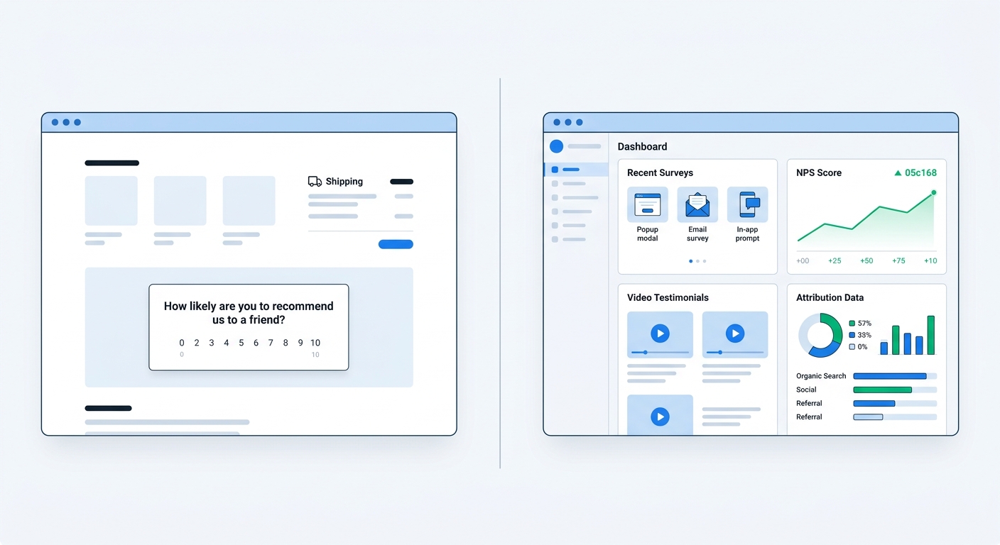 A split-screen comparison showing two different approaches to customer surveys: a focused single-survey tool on the left and a multi-type survey platform on the right, both displayed as clean browser mockups