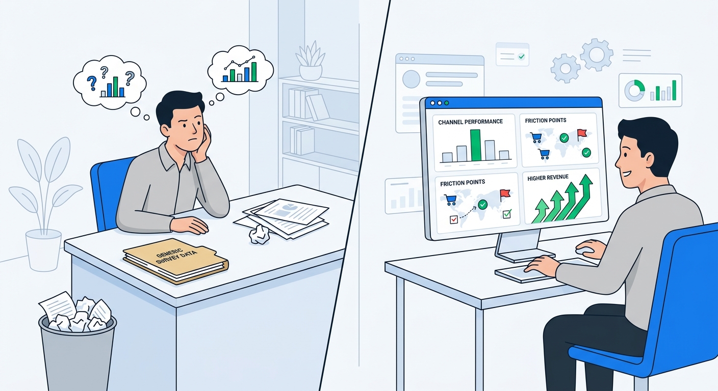 Split view editorial illustration: left panel shows a merchant ignoring generic survey data in a folder, right panel shows the same merchant acting on specific insights from post-purchase questions like channel performance and friction points leading to higher revenue arrows, clean modern style