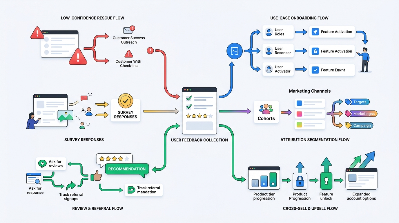 A lifecycle automation map showing five branches from survey data into low-confidence rescue, use-case onboarding, attribution segmentation, review timing, and cross-sell flows