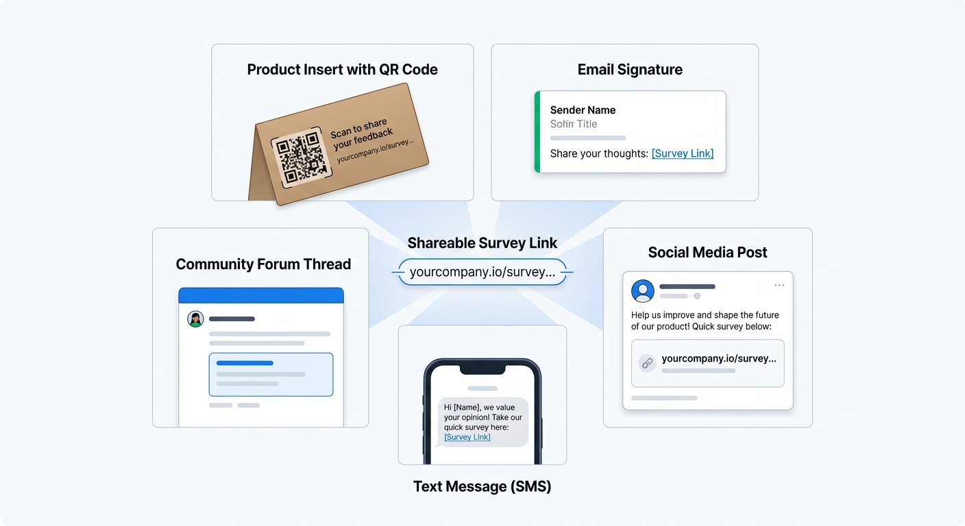A visual showing a link survey URL being distributed across five different channels: a QR code printed on product packaging, a link in an email signature, a social media post with the link, a text message on a phone screen, and a survey embed on a community forum page