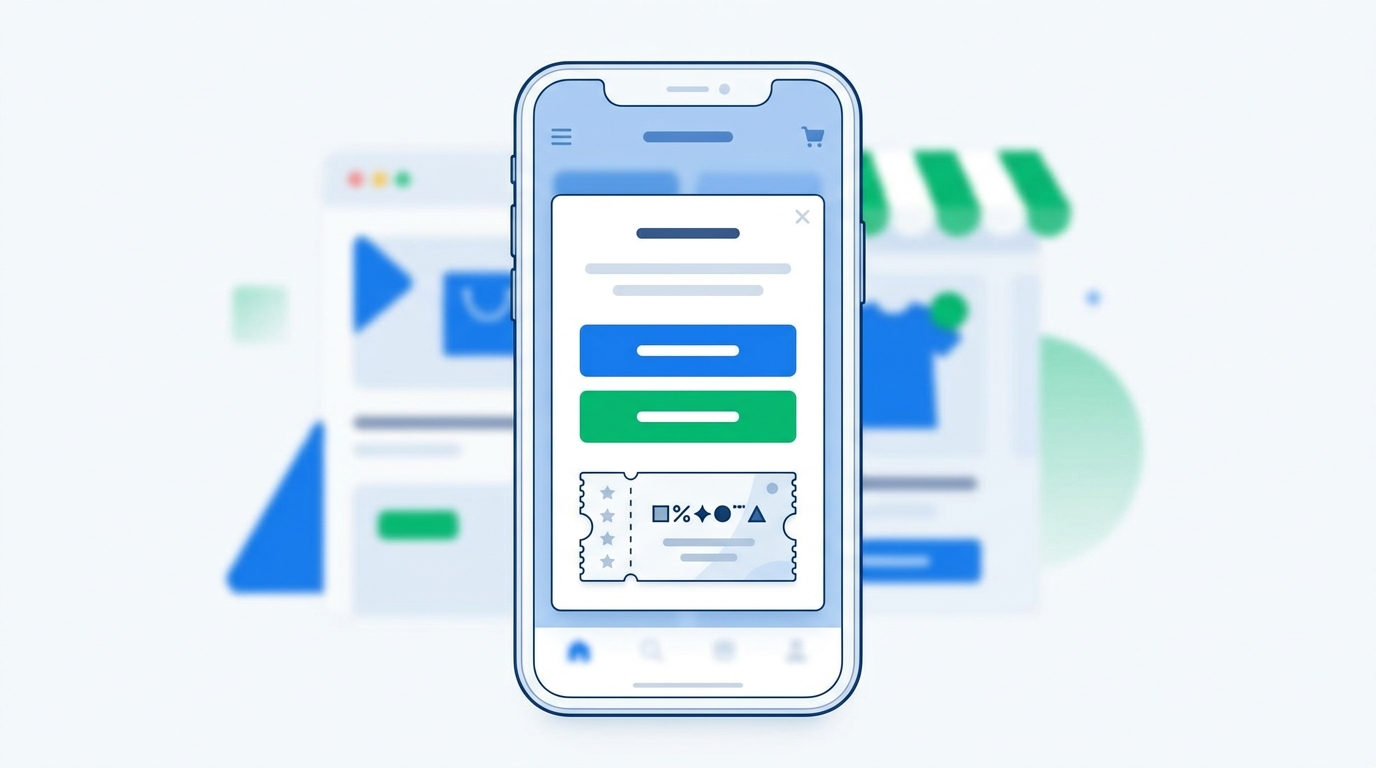 A clean mobile phone screen showing a one-question popup survey with large tap targets and a discount code reward