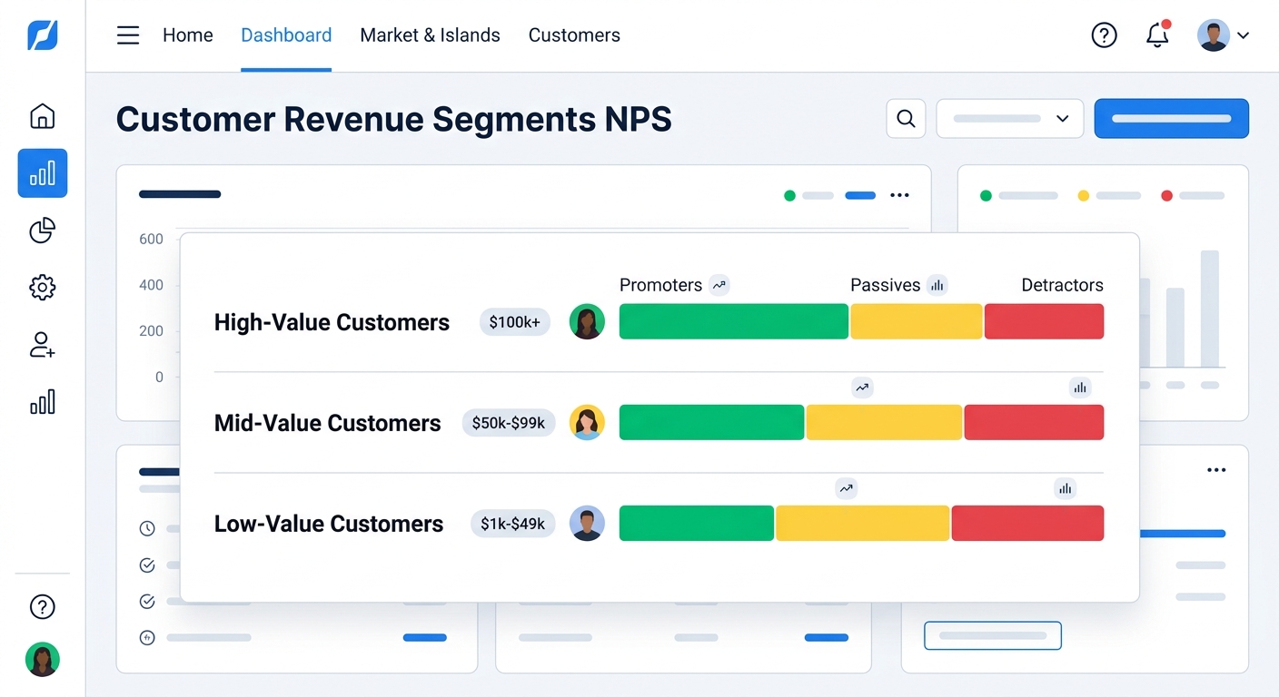 A dashboard view showing NPS scores broken down by revenue segment, with bar charts comparing promoter percentages across high-value, mid-value, and low-value customer tiers