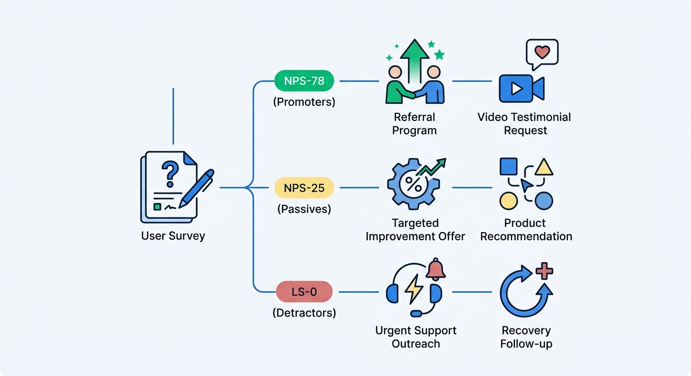 A flowchart showing what actions to take for each NPS segment: promoters route to referral and testimonial requests, passives route to targeted improvement offers, detractors route to urgent support outreach
