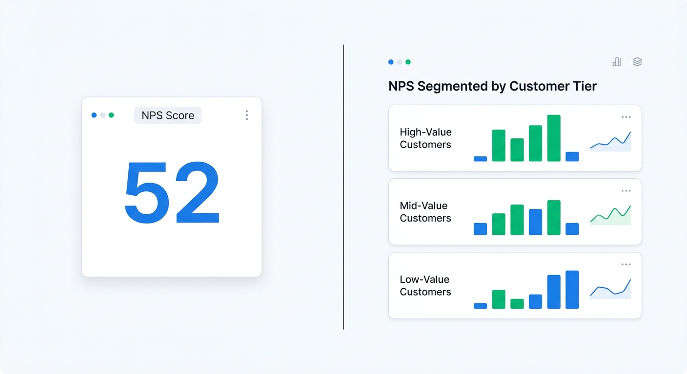 A split comparison showing standard NPS as a single score on the left versus revenue-aware NPS on the right, with customer segments broken out by spending level and their corresponding NPS scores