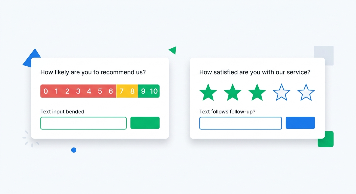 A side-by-side layout of NPS and CSAT survey formats: on the left, a 0-to-10 NPS scale with colored segments for detractors, passives, and promoters; on the right, a 1-to-5 CSAT star rating, both followed by open-text follow-up question fields