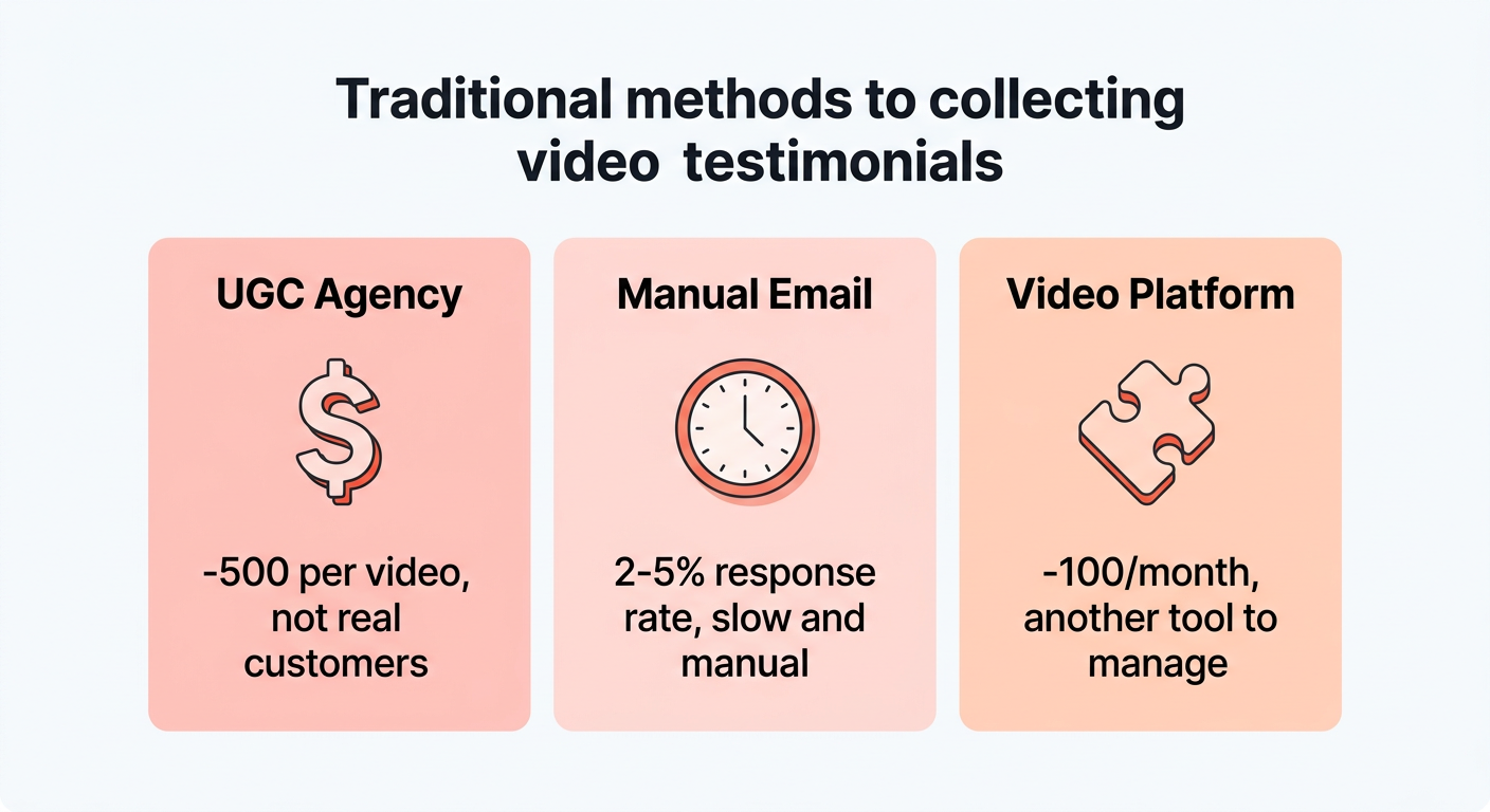 A comparison of three traditional video testimonial methods: UGC Agency, Manual Email, and Video Platform, each with cost and drawback callouts