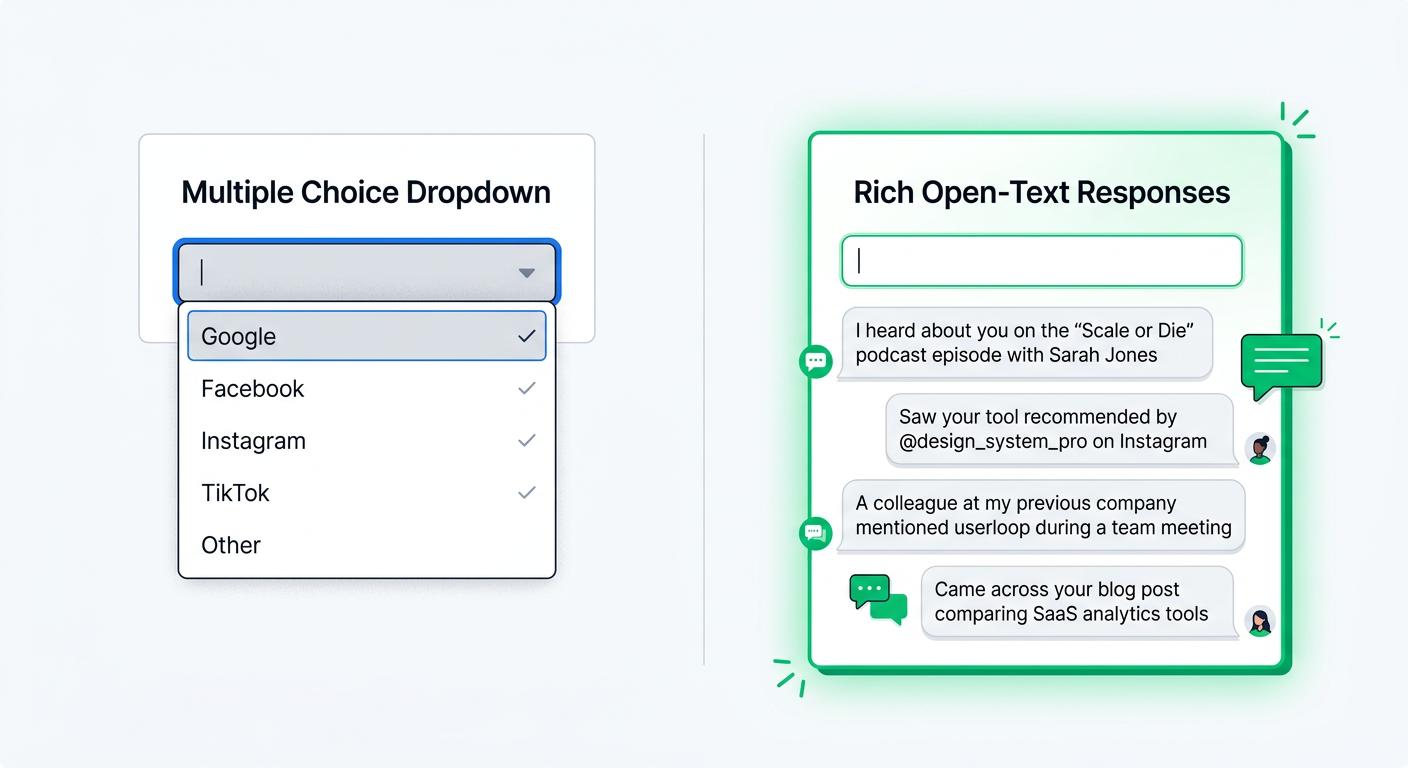A side-by-side comparison showing a multiple choice dropdown with generic options like "Google, Facebook, Instagram, Other" on one side, and rich open-text responses revealing specific channels like podcast names, creator handles, and word-of-mouth sources on the other