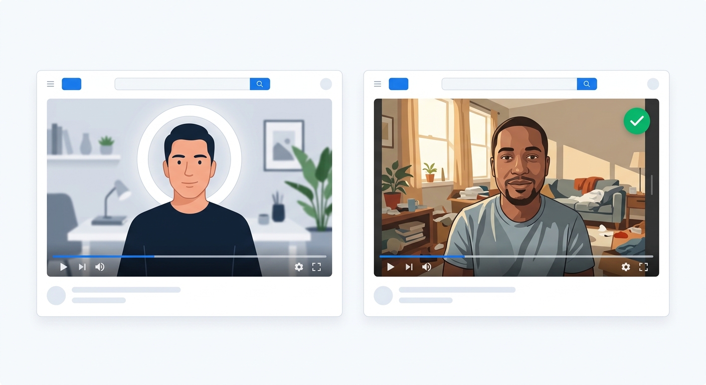 A side-by-side comparison of a paid creator video with perfect lighting and staging versus a real customer video with natural, imperfect surroundings