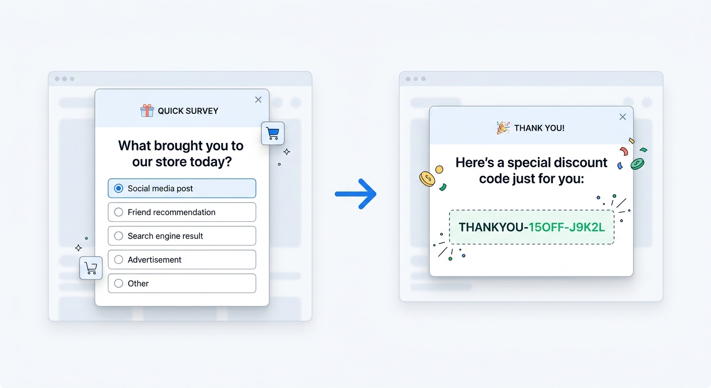 A popup survey on a Shopify store asking a question, followed by a thank-you screen showing a unique discount code generated automatically