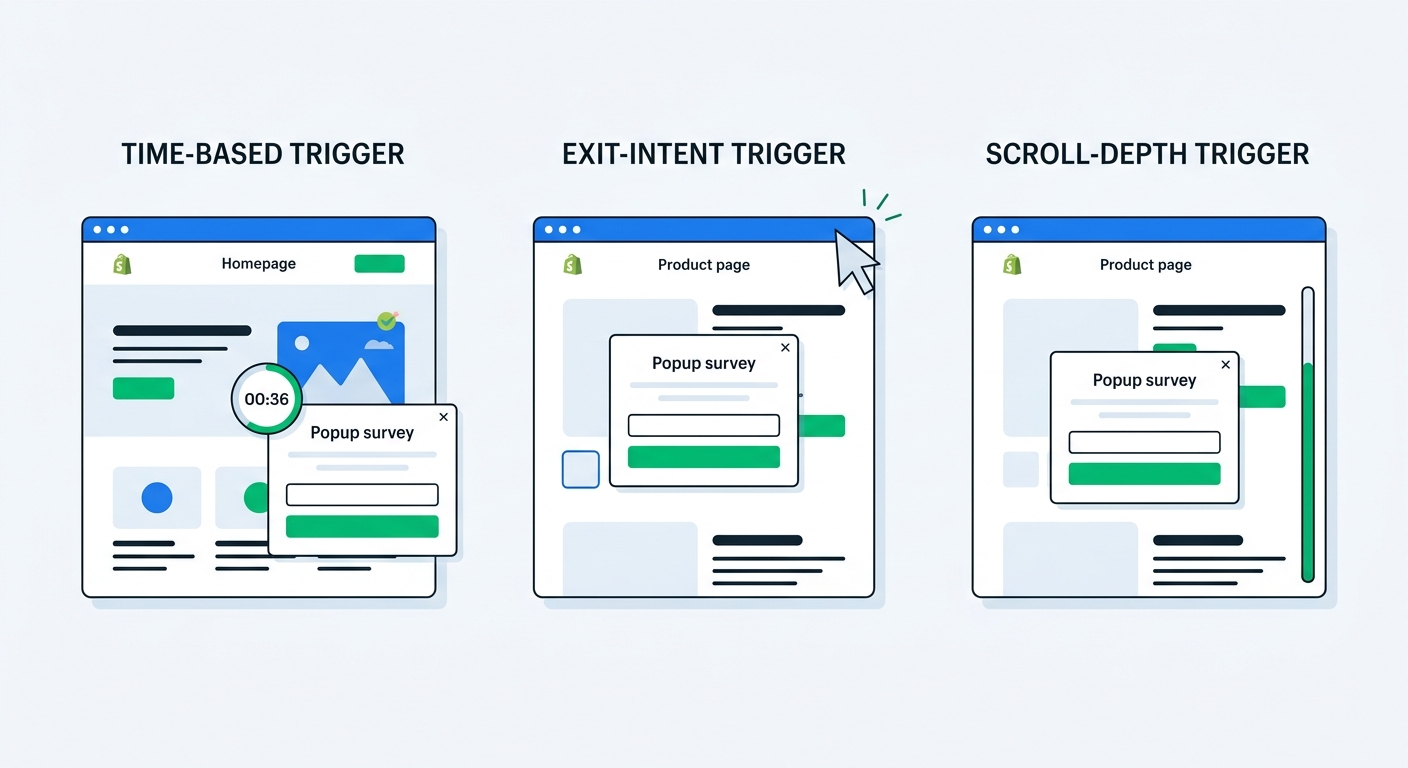 A comparison grid showing popup survey triggers: a timer countdown on a homepage, an exit-intent detection on a product page as the cursor moves toward the browser tab bar, and a scroll-depth trigger activating after the visitor scrolls past product details