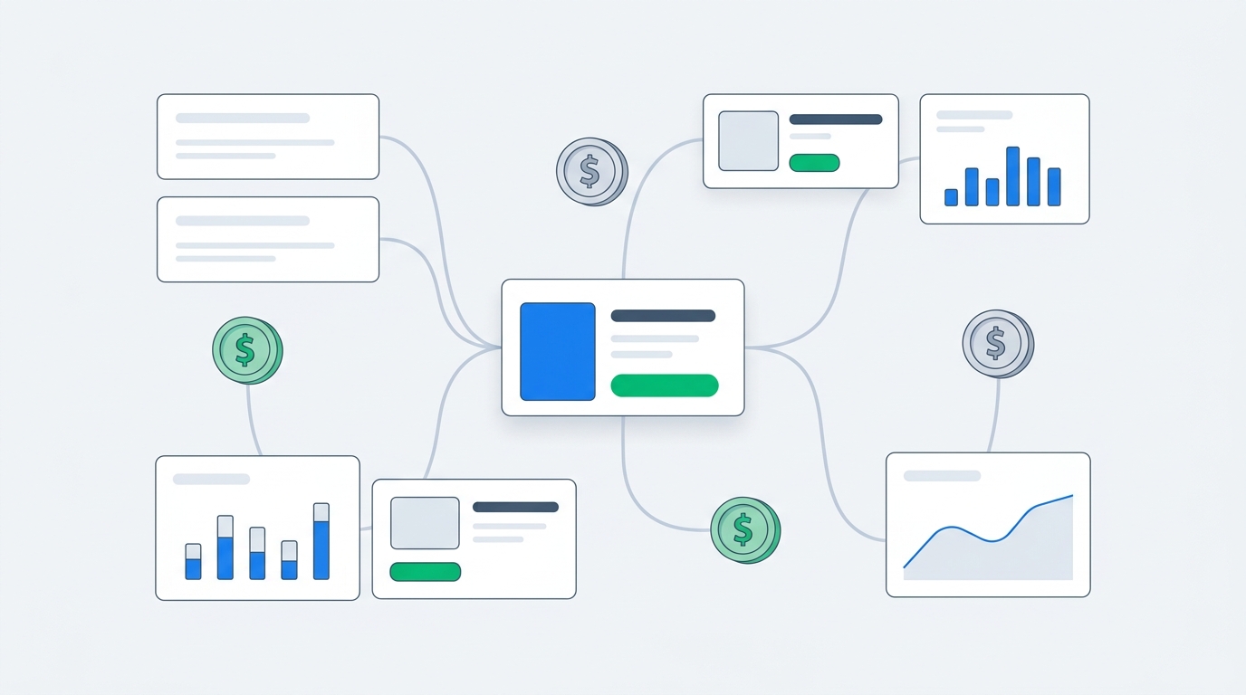 A clean analytics dashboard illustration showing blank survey response cards connected to order value icons, product cards, and simple chart panels